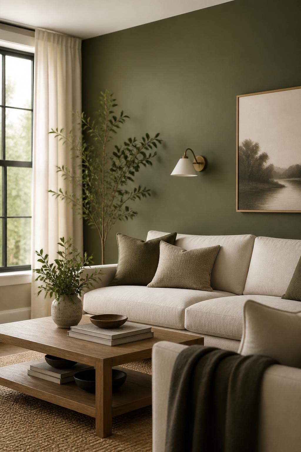 Inviting living room with a smooth painted accent wall and natural light.