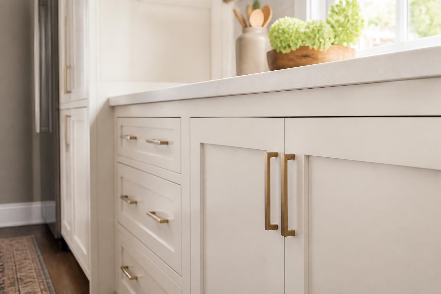 Beautifully refinished kitchen cabinets in a soft neutral finish.