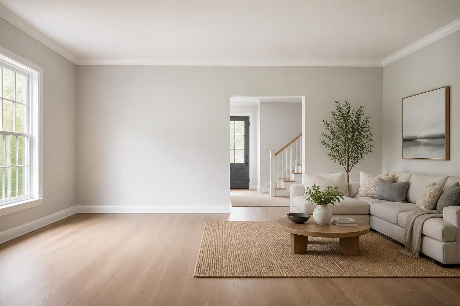Bright finished interior with freshly painted walls and open space.