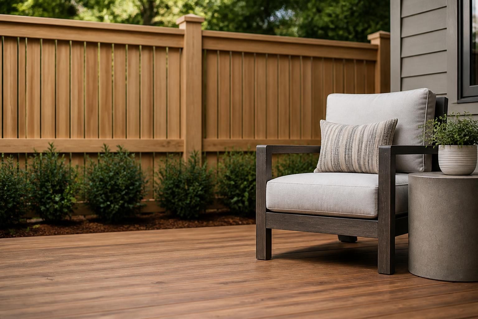 Freshly painted backyard deck and fence with clean outdoor finishes.