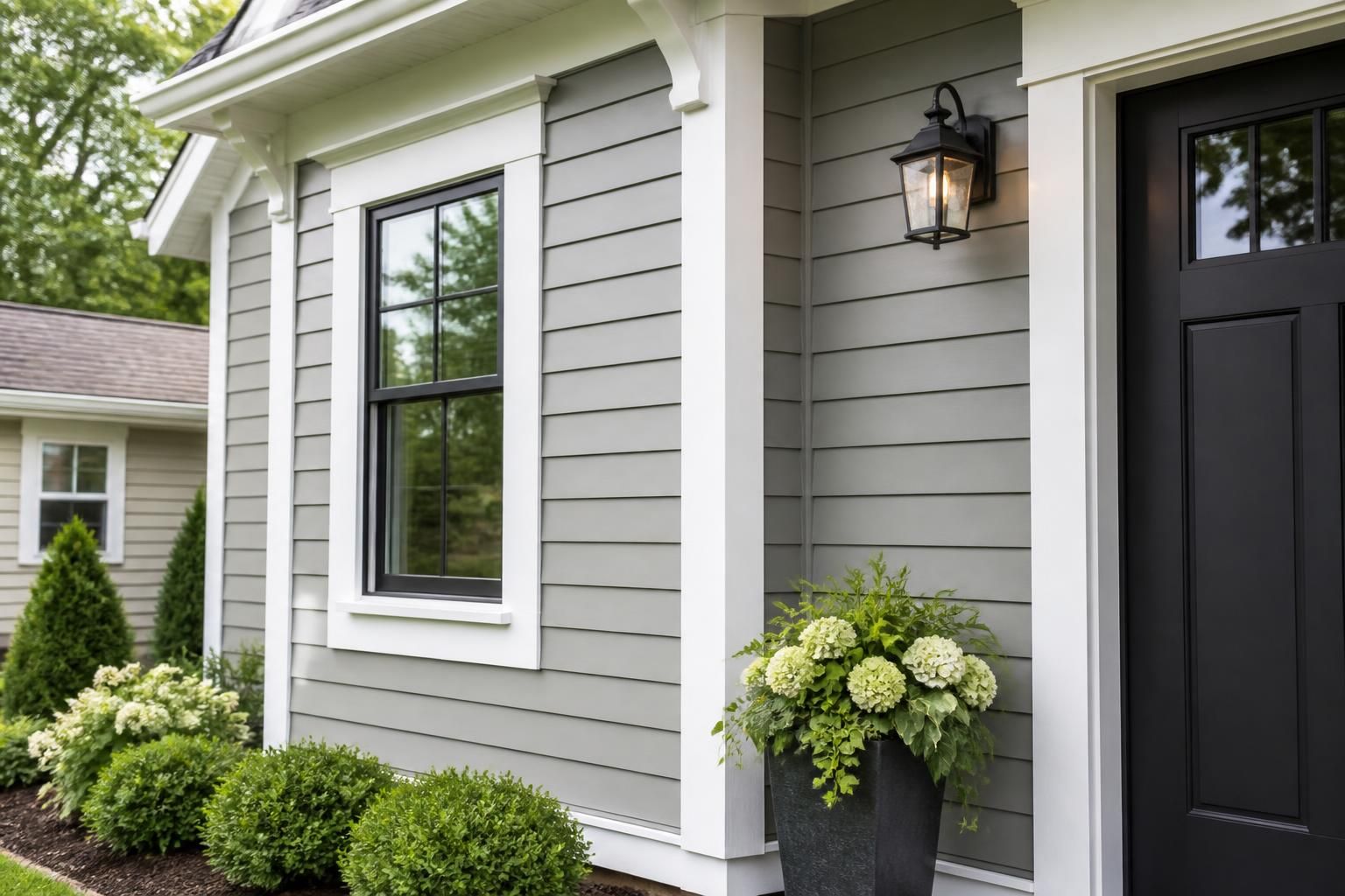 Freshly painted house exterior with clean siding and crisp trim.