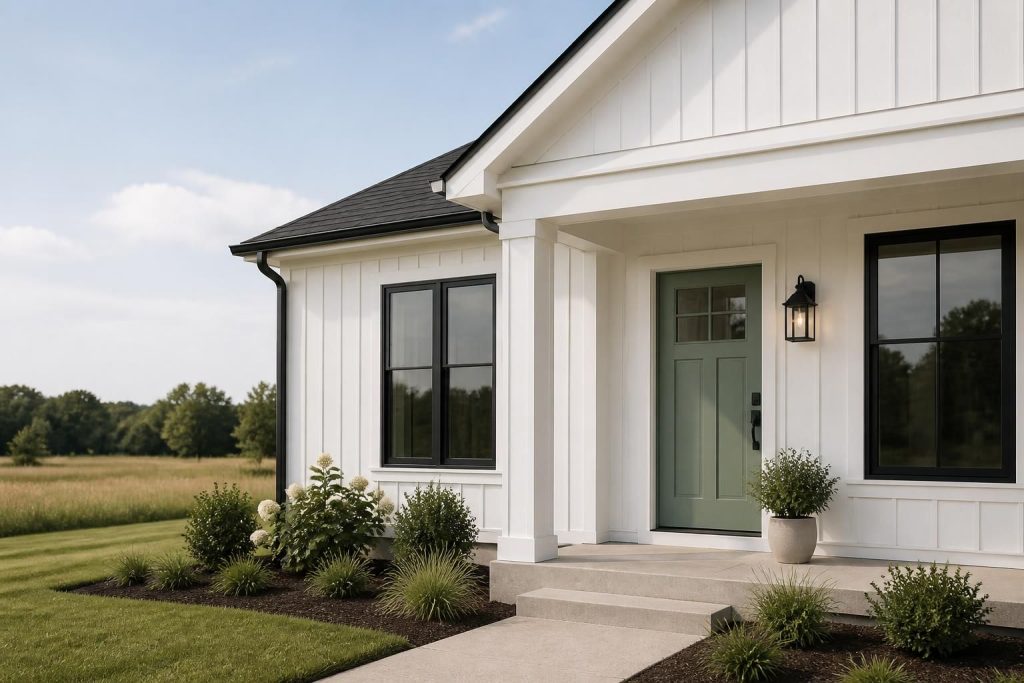 Freshly painted modern home exterior with crisp trim and muted front door.