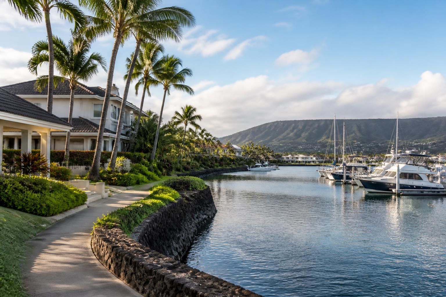 Elegant Hawaii Kai waterfront homes with marina views and soft light.
