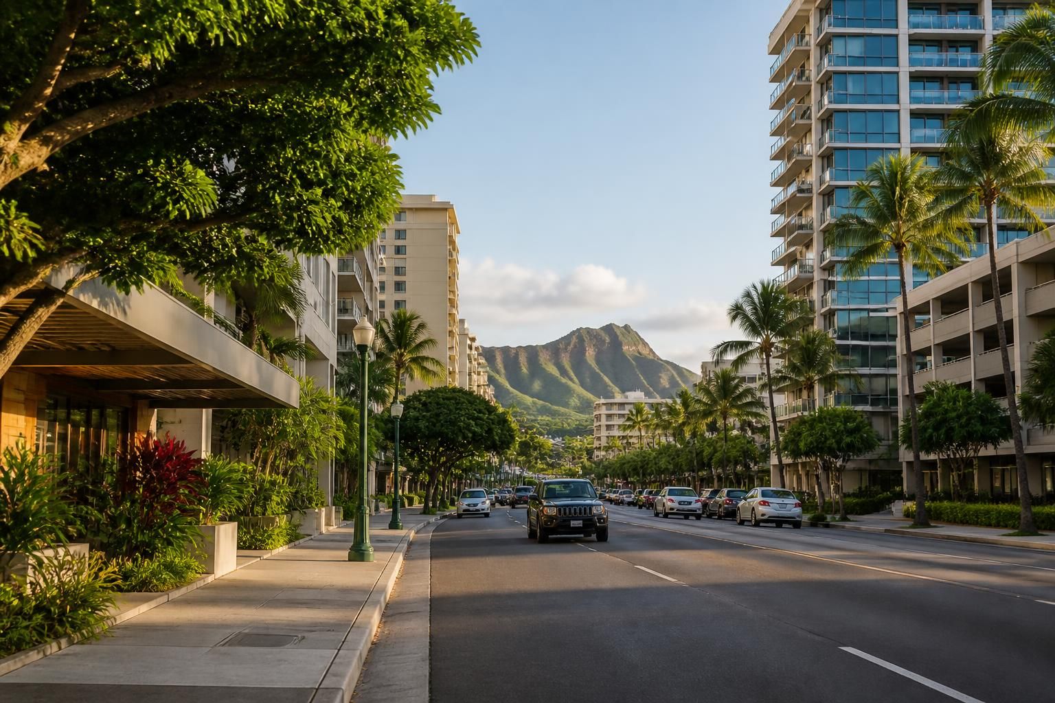 Honolulu neighborhood with modern buildings and distant mountain light.