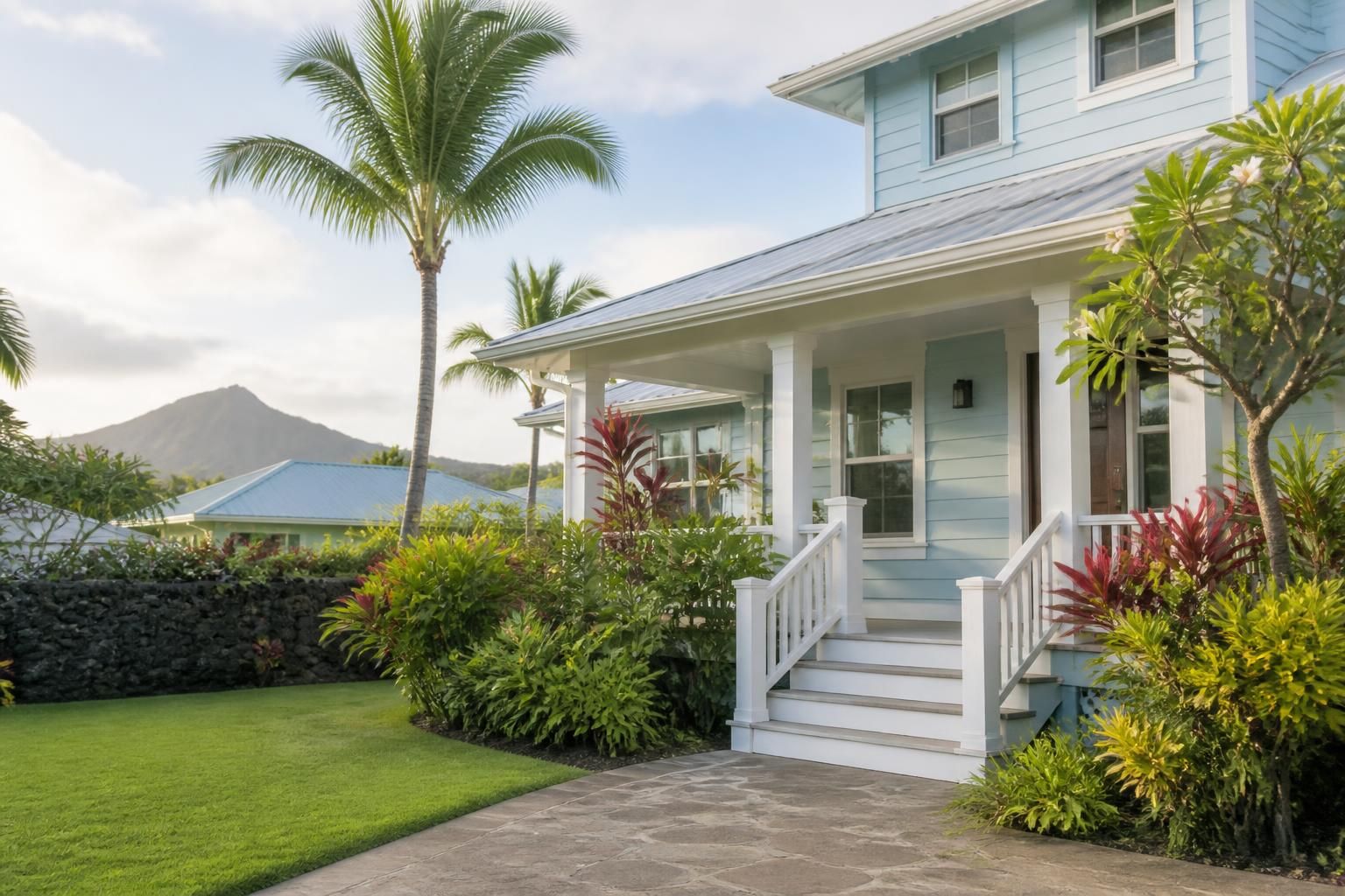Bright Kailua homes with tropical plants and calm morning light.