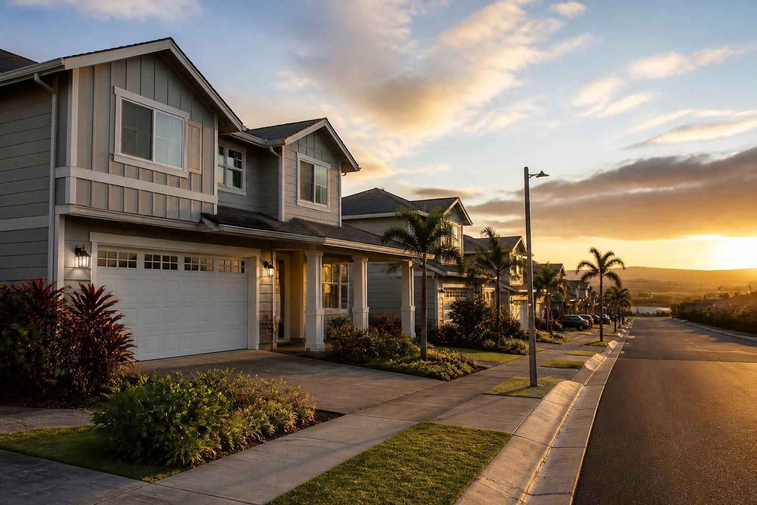 Modern Kapolei homes with clean streets and warm evening light.