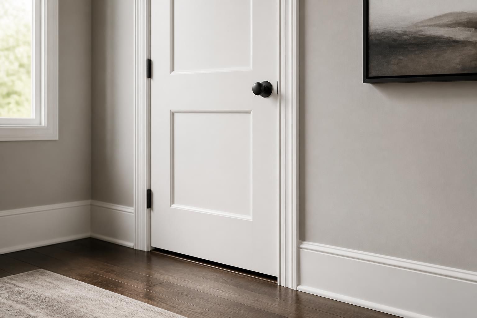 Crisp painted trim, door, and baseboards with sharp clean edges.