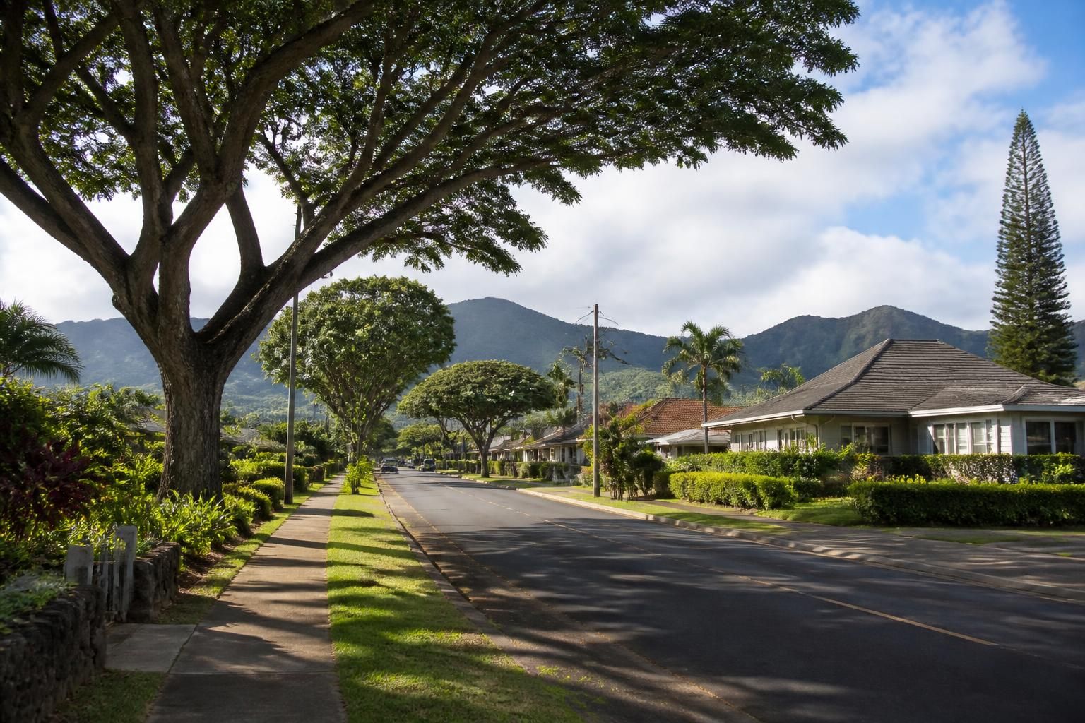 Tree-lined Wahiawa street with maintained homes and gentle light.