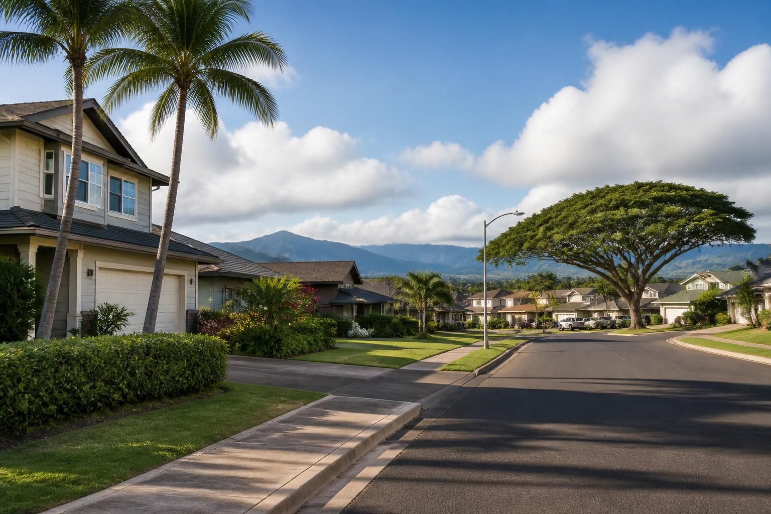 Quiet Waimalu street with tidy homes and lush tropical accents.
