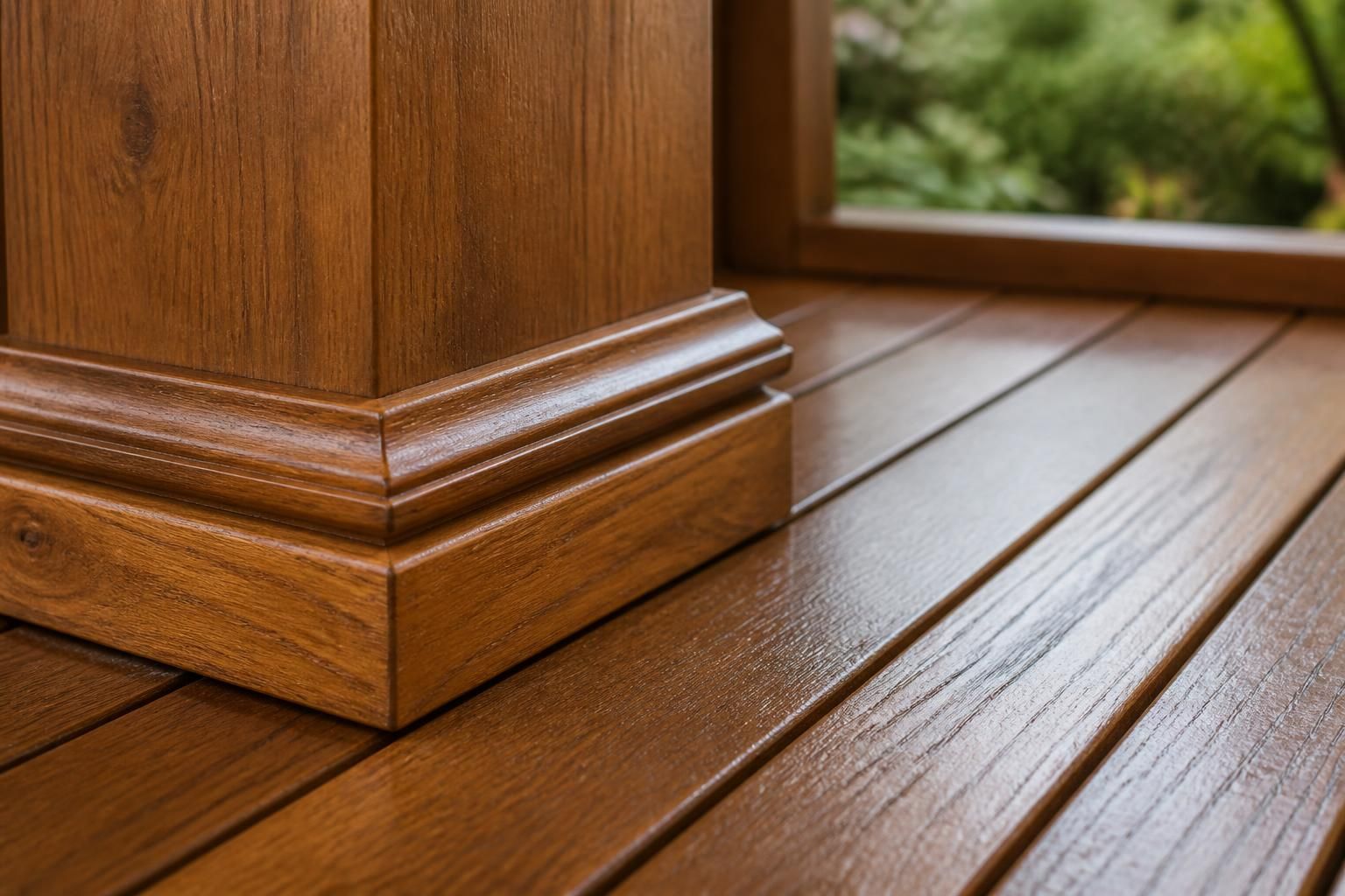 Richly stained wood surface with natural grain and a sealed finish.